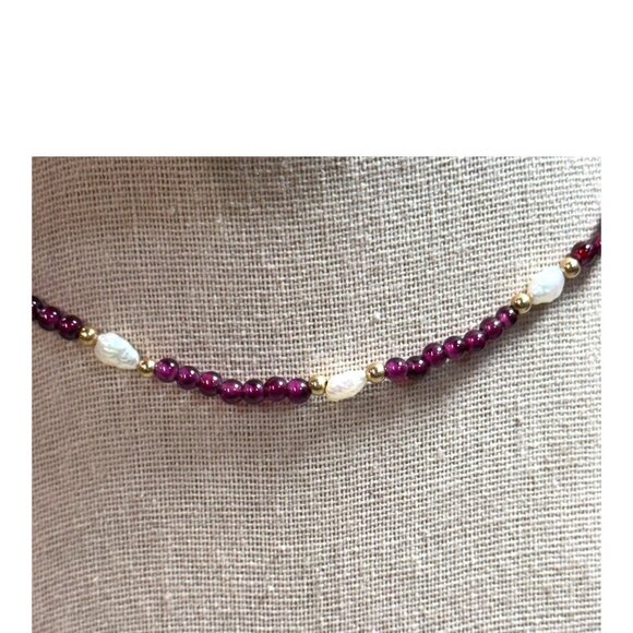 Vintage 14K Gold Garnet & Natural Pearl Beaded Necklace 16" Art Deco Estate Find - Picture 1 of 7